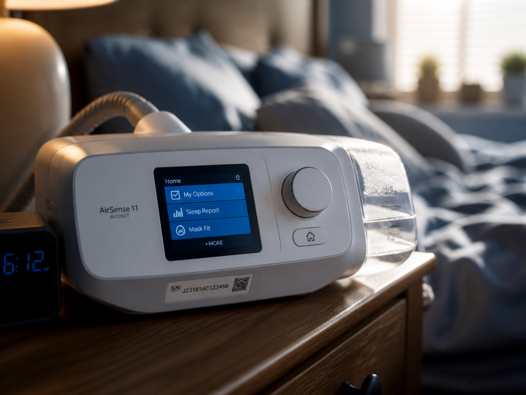 A close-up macro photograph of a modern white CPAP machine resting on a wooden…