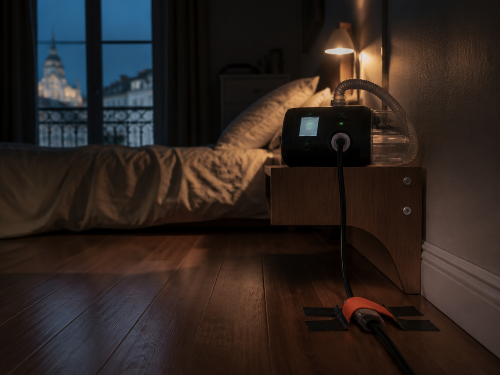 A dimly lit rental apartment bedroom at night in Lisbon, photographed from a low…