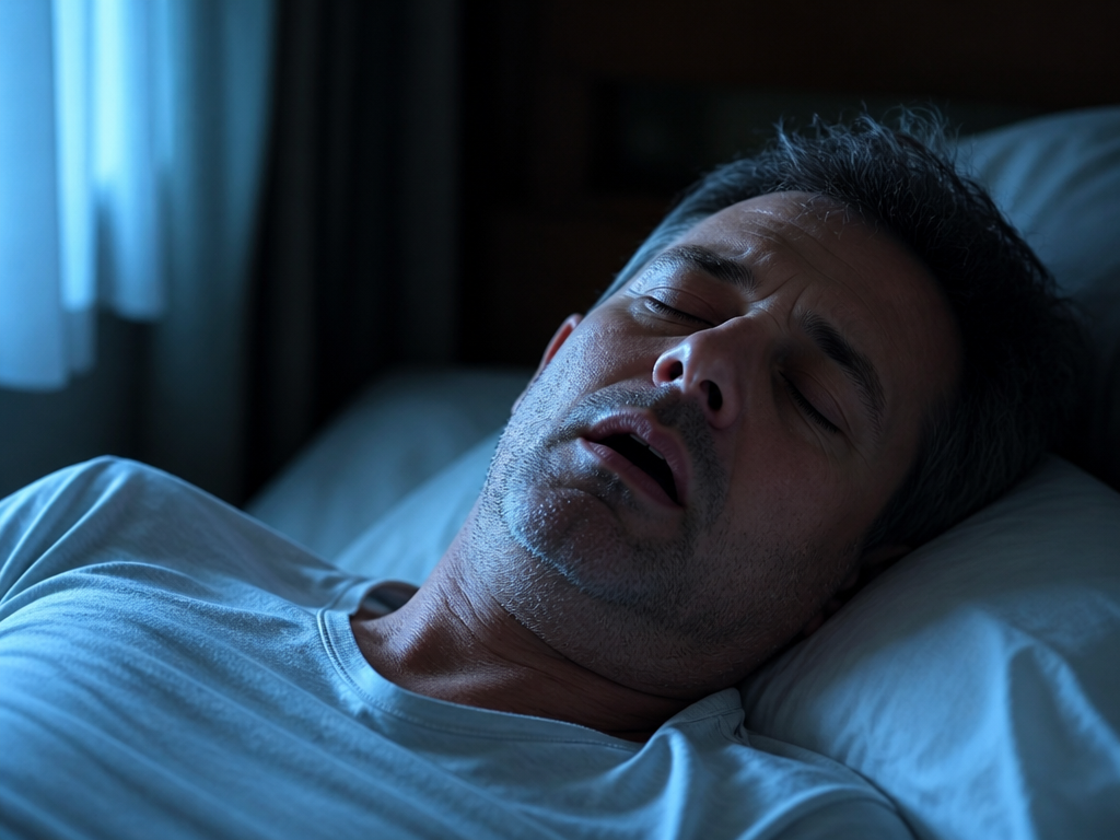 A close-up photorealistic portrait of a middle-aged man asleep on his back in a…