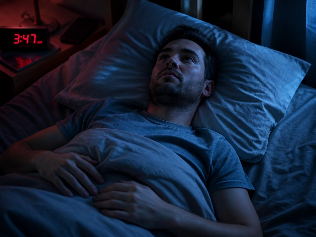 A photorealistic overhead shot of a person lying awake in bed in the small…