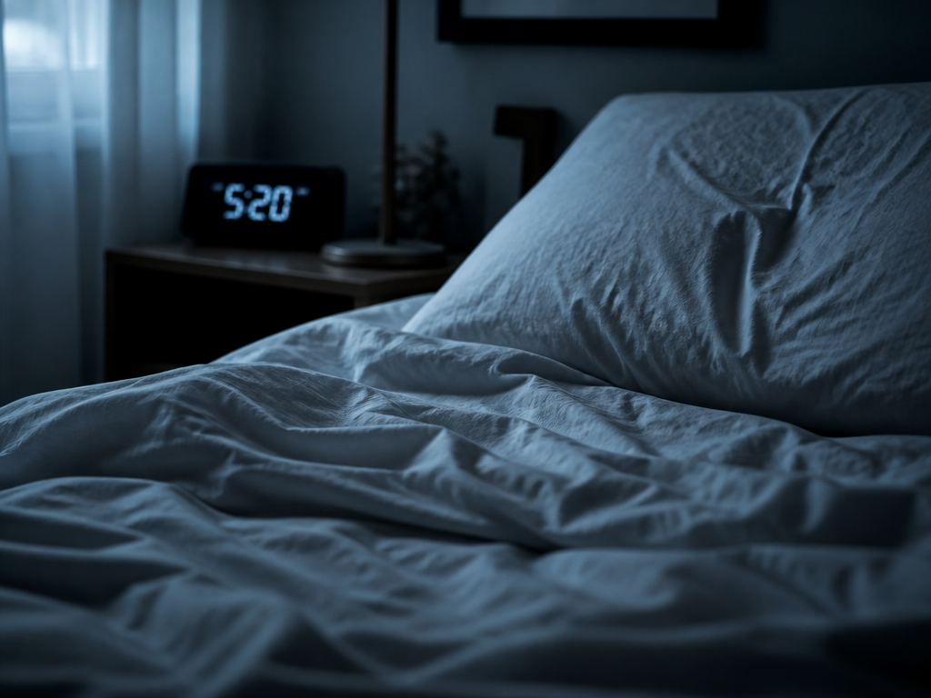 A photorealistic close-up of a dimly lit bedroom at dawn, soft blue-gray light seeping…