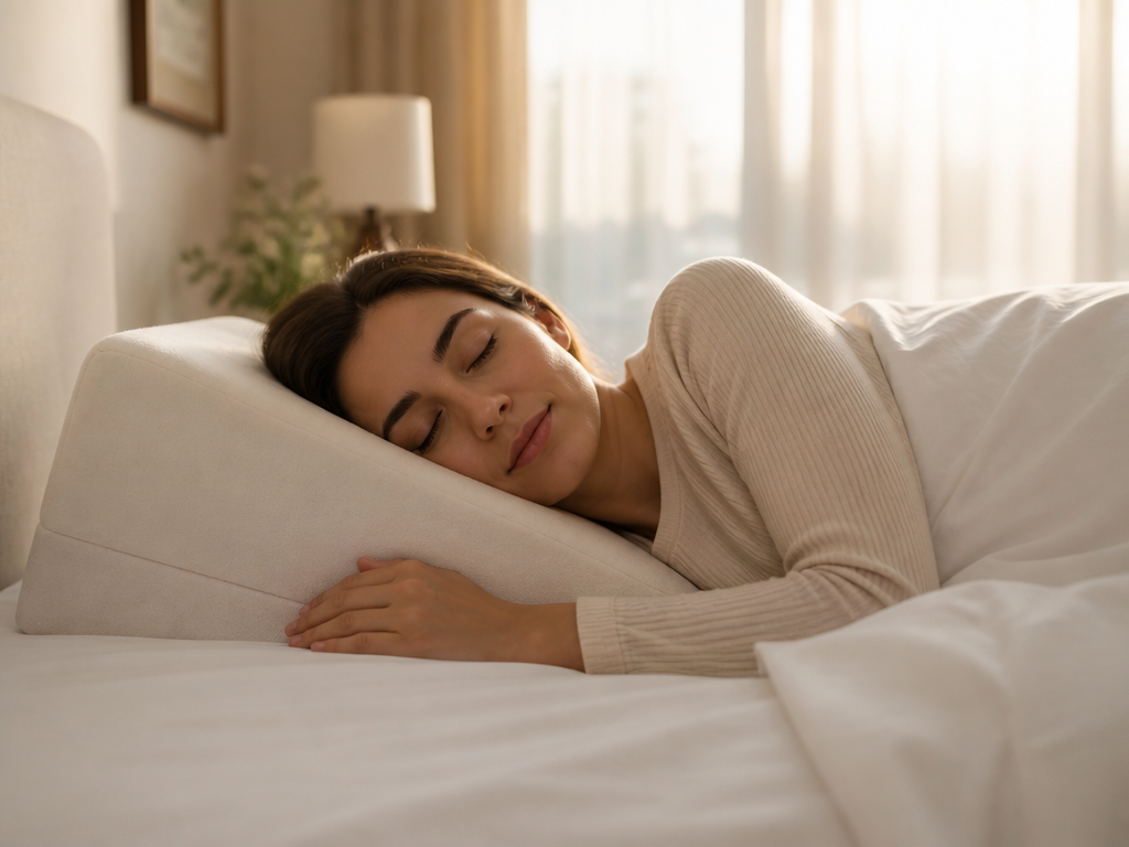 A photorealistic close-up side view of a person sleeping peacefully on their left side…