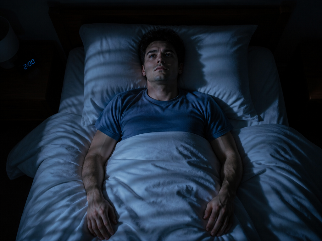 A photorealistic overhead shot of a person lying awake on their back in a…
