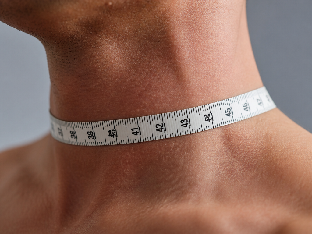 A close-up macro photograph of a flexible measuring tape wrapped around a thick, muscular…