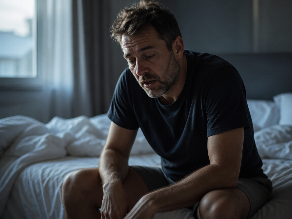 A photorealistic close-up portrait of a tired middle-aged man sitting on the edge of…