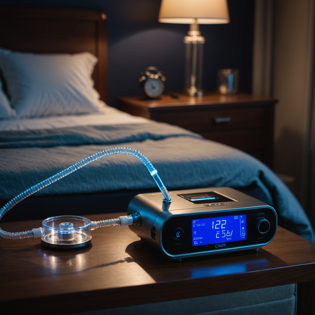 Close-up macro photograph of a CPAP machine on a wooden bedside table at night…