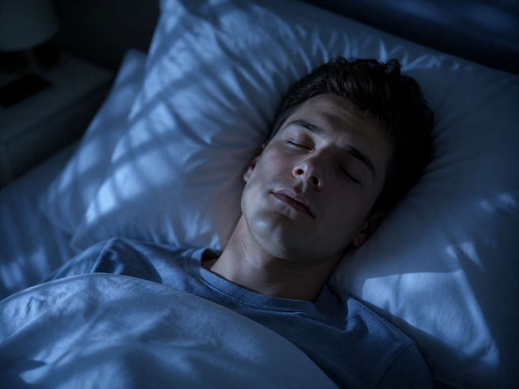 A photorealistic overhead photo of a person sleeping peacefully on their back in bed…