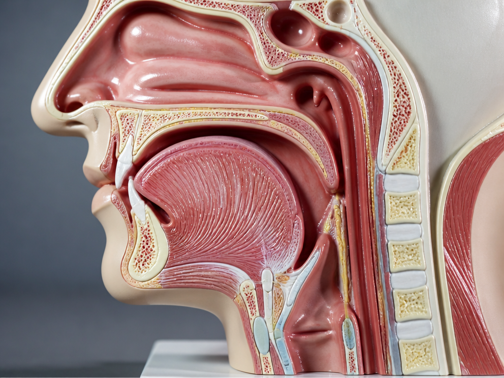 Close-up clinical macro photograph of an anatomical cross-section model of the human head and…