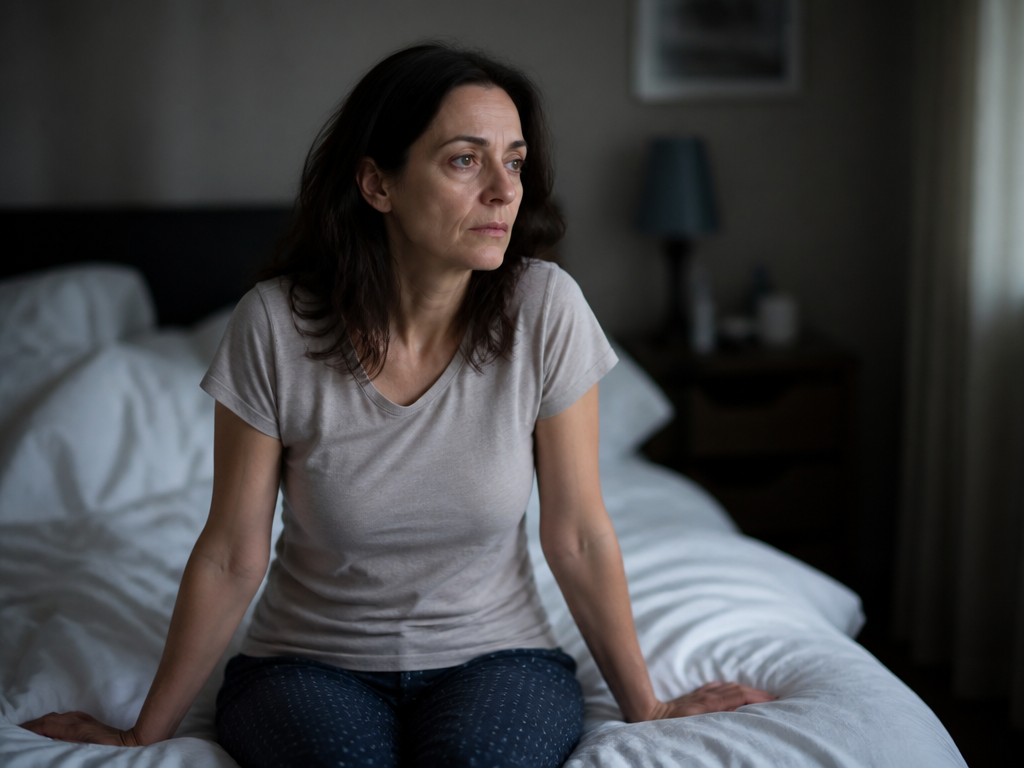 A photorealistic medium shot of a woman in her mid-forties sitting on the edge…