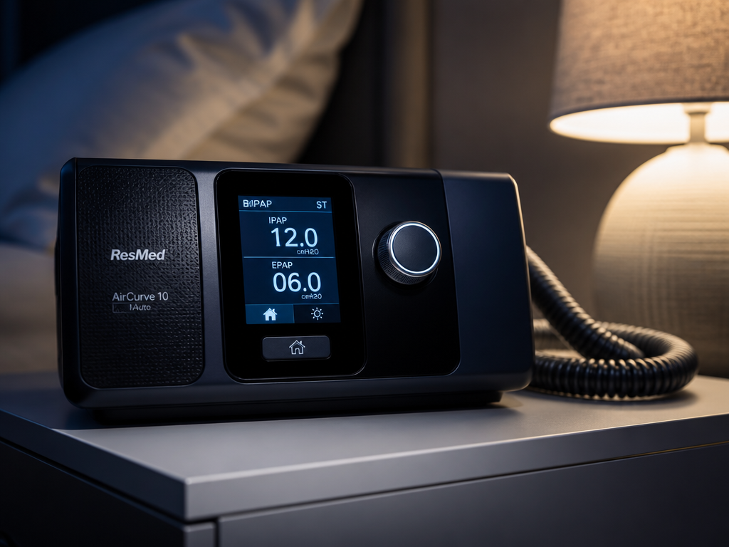 A detailed product photograph of a sleek bilevel positive airway pressure machine resting on…