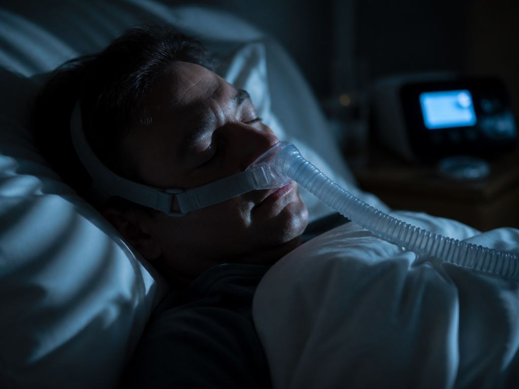 A photorealistic close-up portrait of a person lying in bed at night wearing a…