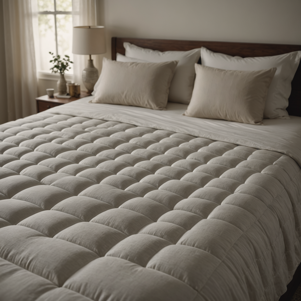 A photorealistic overhead shot of a neatly made queen-sized mattress in a softly lit…