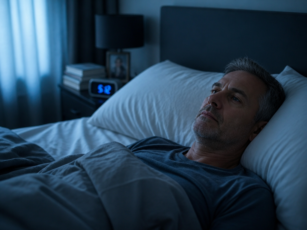 A photorealistic medium shot of a middle-aged man lying awake in bed at dawn…