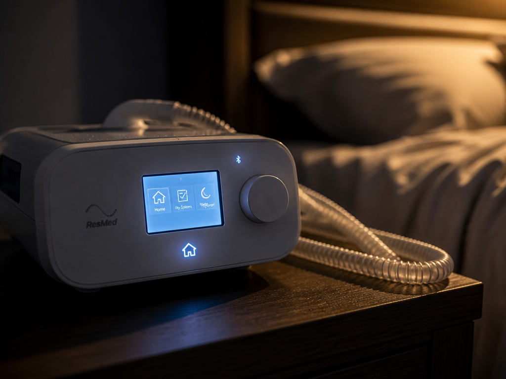 A close-up macro photograph of a modern white CPAP machine resting on a dark…
