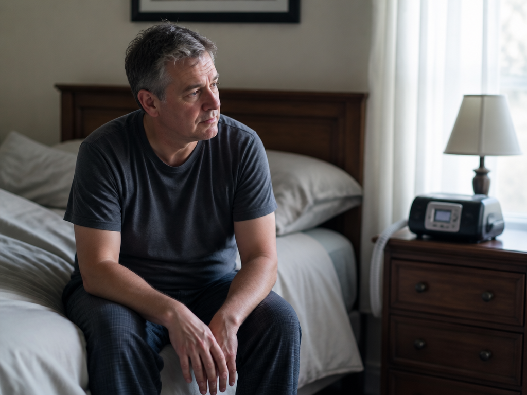 A photorealistic portrait of a tired middle-aged person sitting on the edge of a…