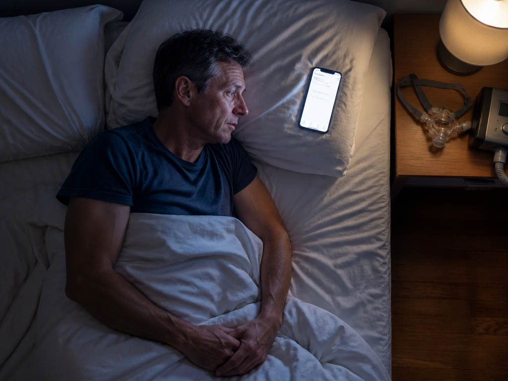 A photorealistic overhead photograph of a person lying awake in bed at dawn, face…