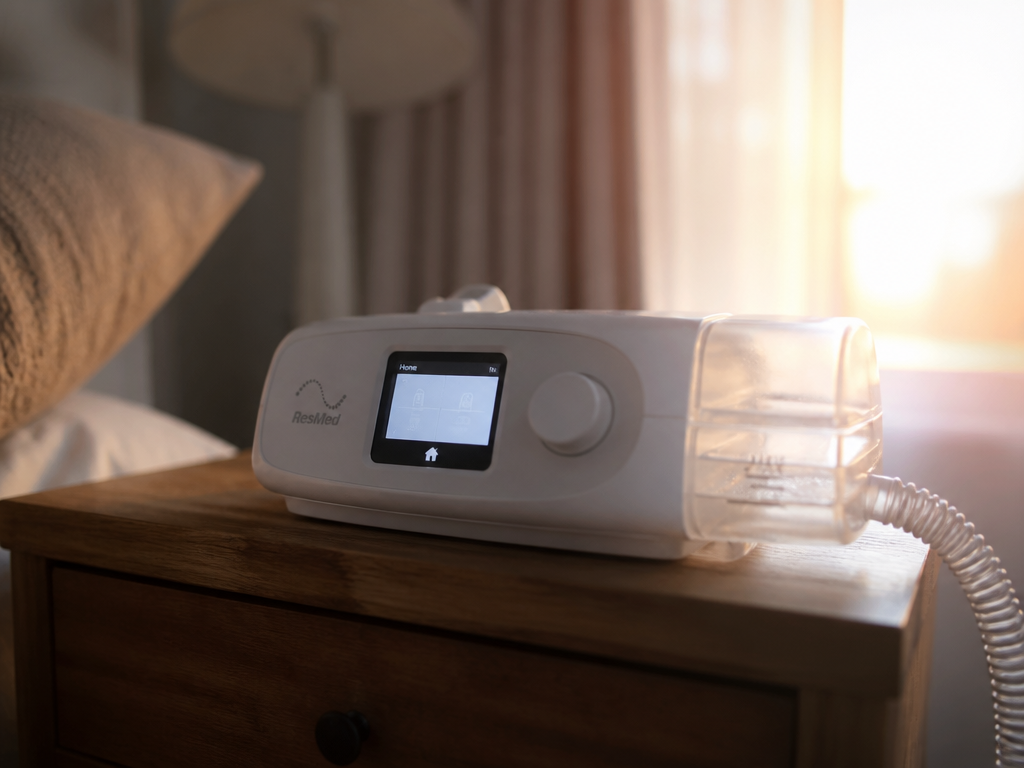 A close-up photorealistic photograph of a modern white CPAP machine on a wooden nightstand…