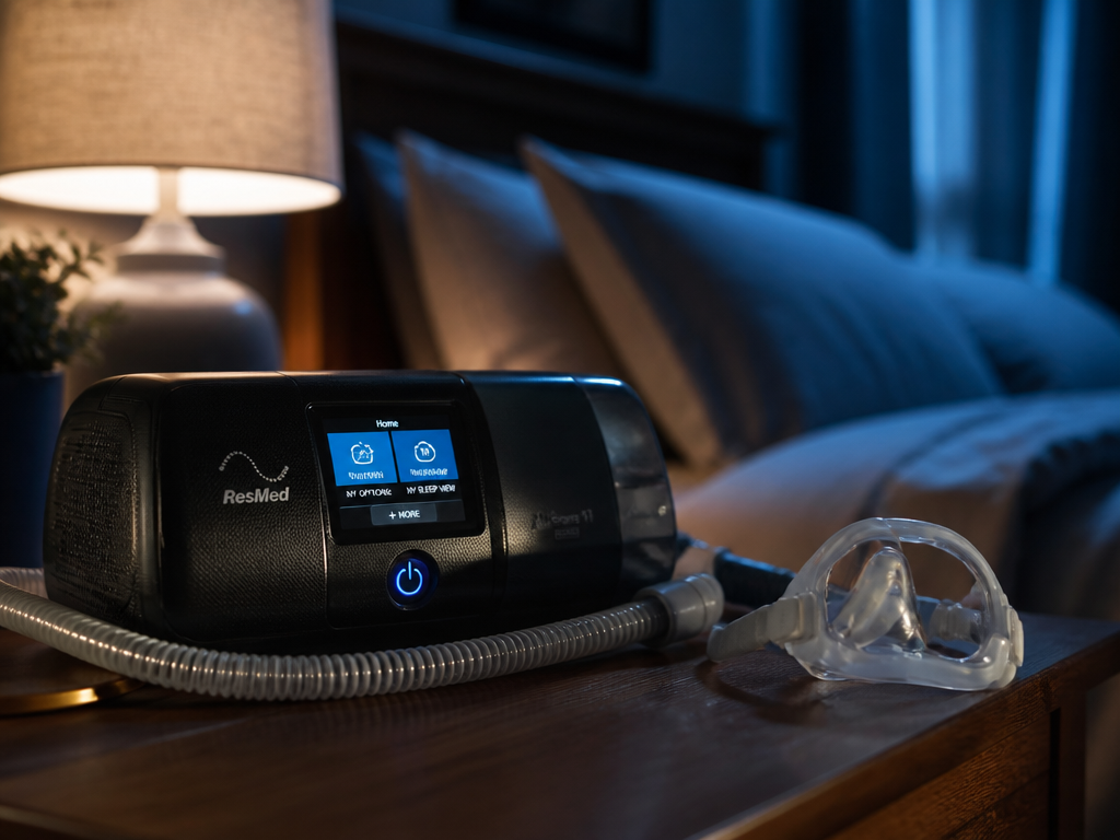 A photorealistic close-up of a modern CPAP machine resting on a wooden bedside table…