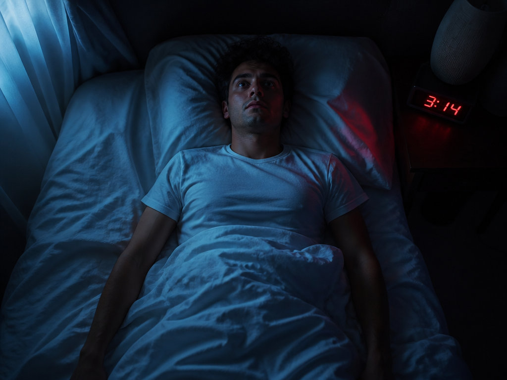 A photorealistic nighttime bedroom scene shot from above, a person lying awake on their…