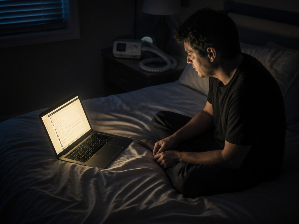 A photorealistic overhead shot of a darkened bedroom illuminated only by the pale glow…