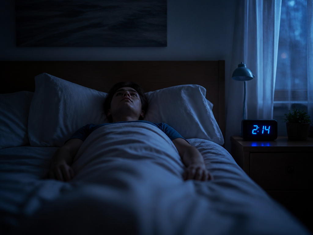 A serene nighttime bedroom scene captured from the foot of the bed, a person…