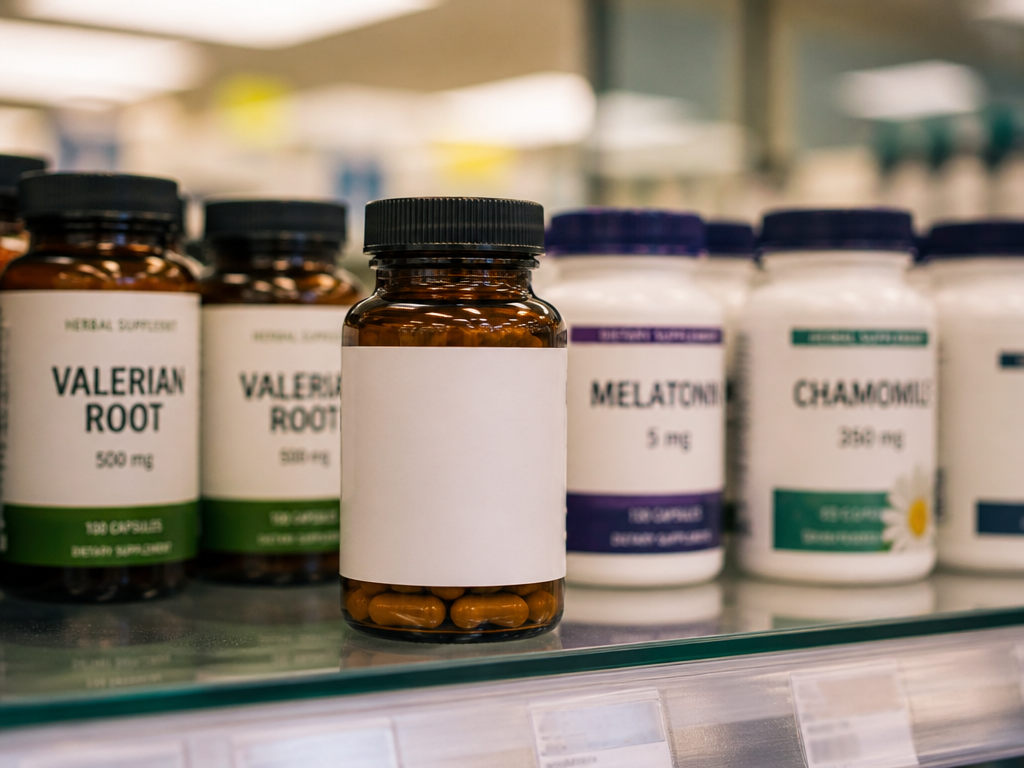 A tightly composed macro shot of a pharmacy supplement shelf at eye level, rows…