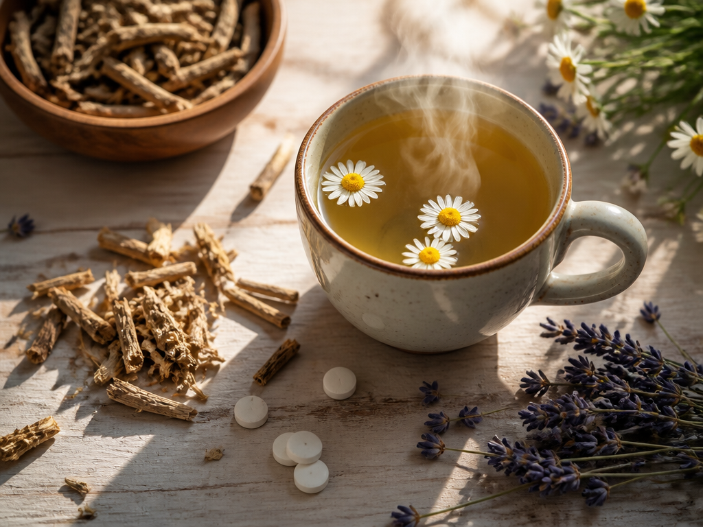 An overhead flat-lay still life on a pale wooden table, a steaming cup of…