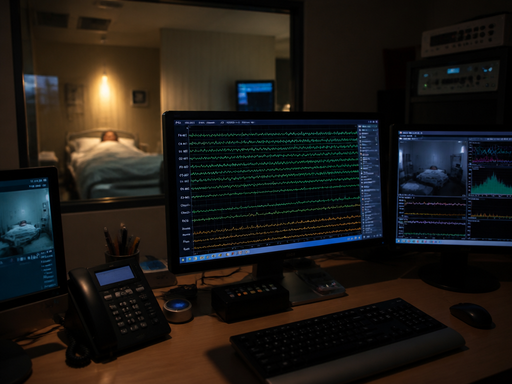 A photorealistic image of a modern sleep laboratory monitoring station at night, a glowing…