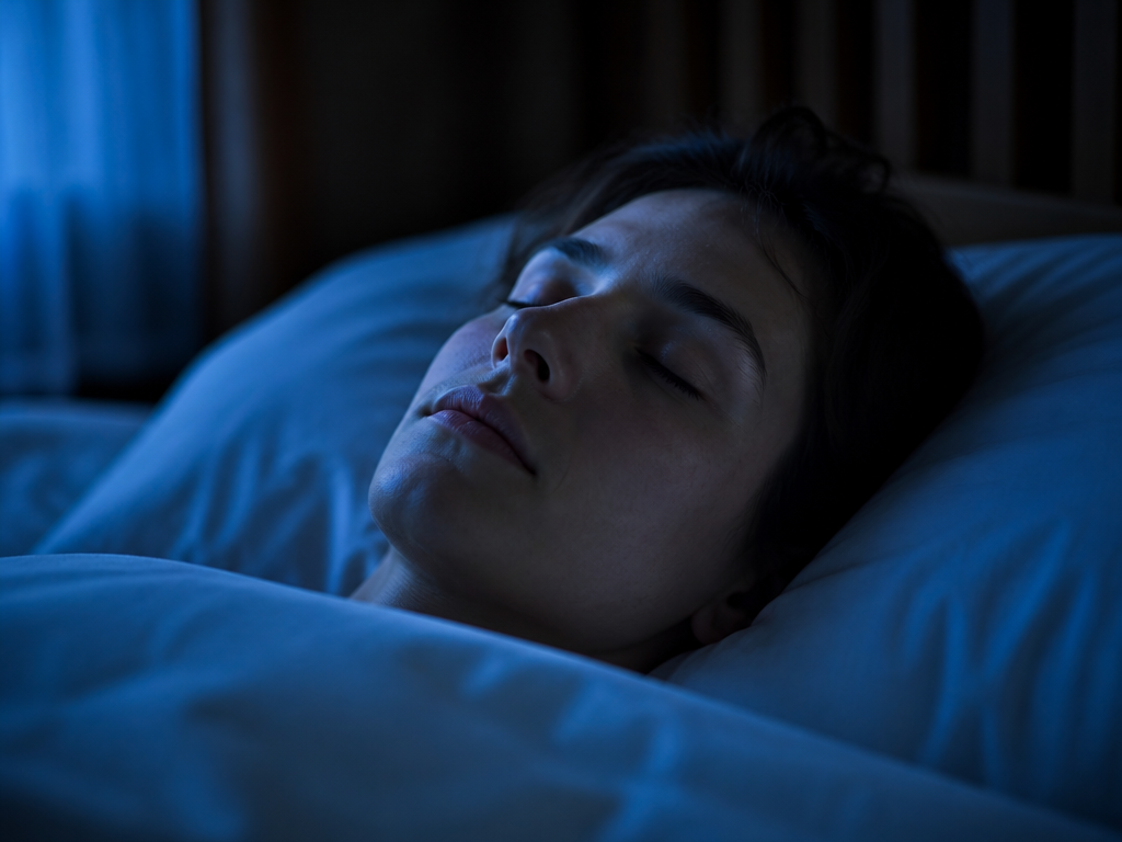 A photorealistic close-up of a person sleeping peacefully on their back in a dimly…