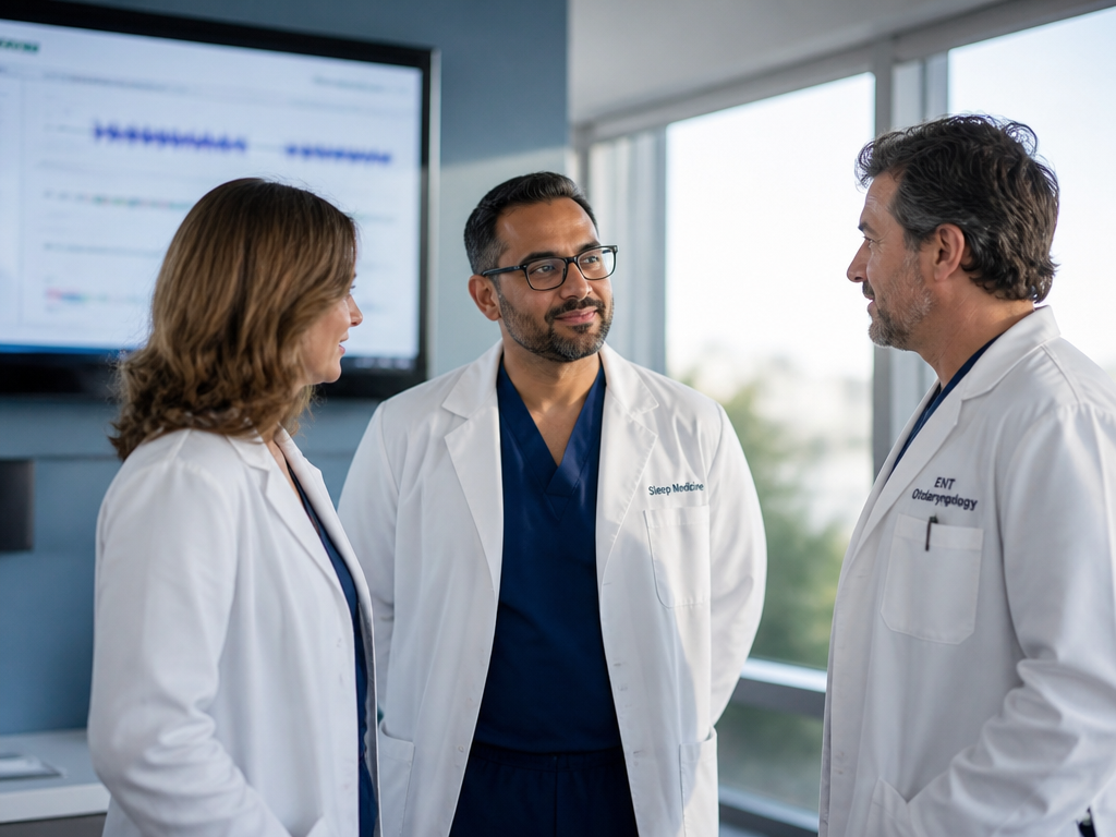 A photorealistic portrait of a multidisciplinary medical team gathered in a bright modern hospital…