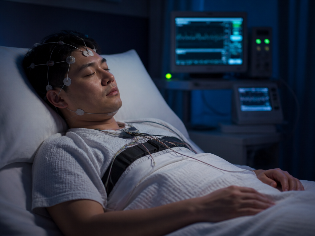 A photorealistic medical scene of a sleep study laboratory at night, a patient lying…