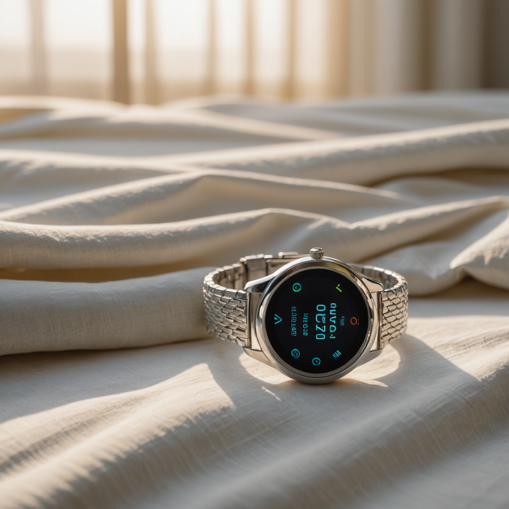 A close-up overhead photograph of a sleek silver smart ring and a modern fitness…
