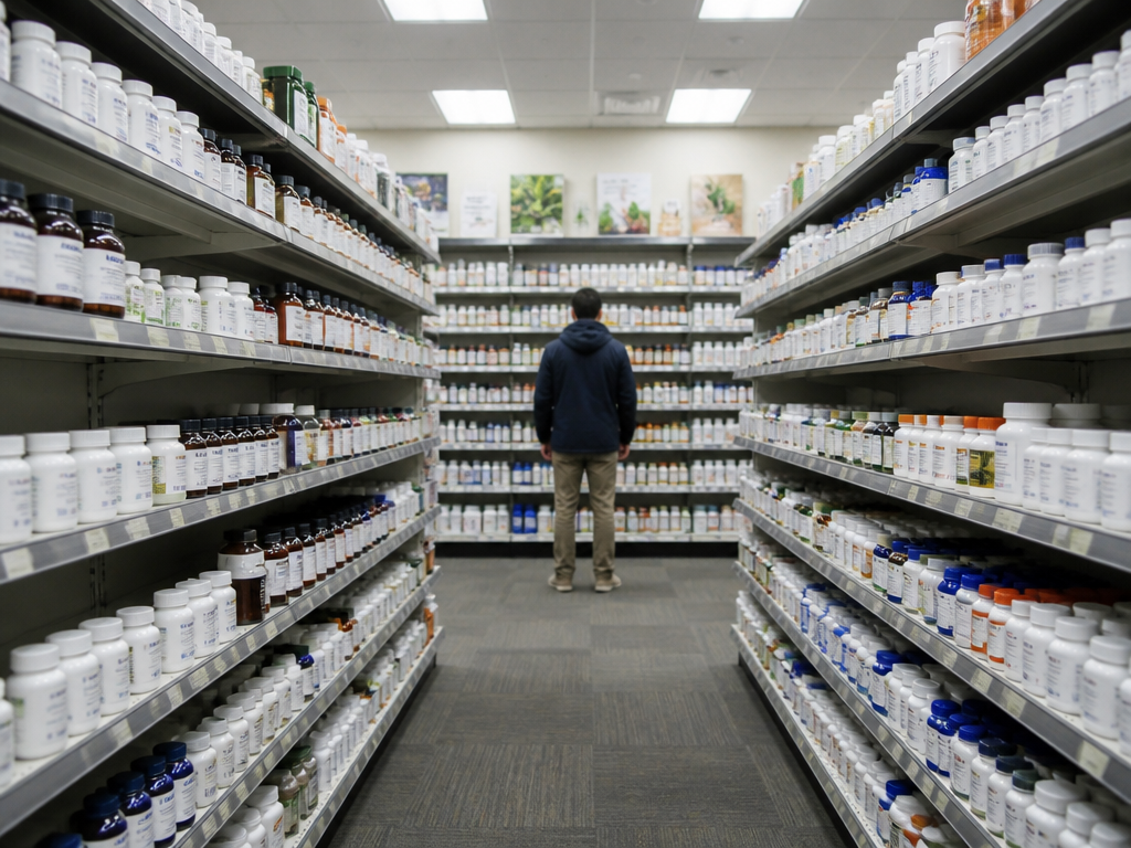 A wide pharmacy supplement aisle photographed under cool fluorescent overhead lighting, rows of unlabeled…