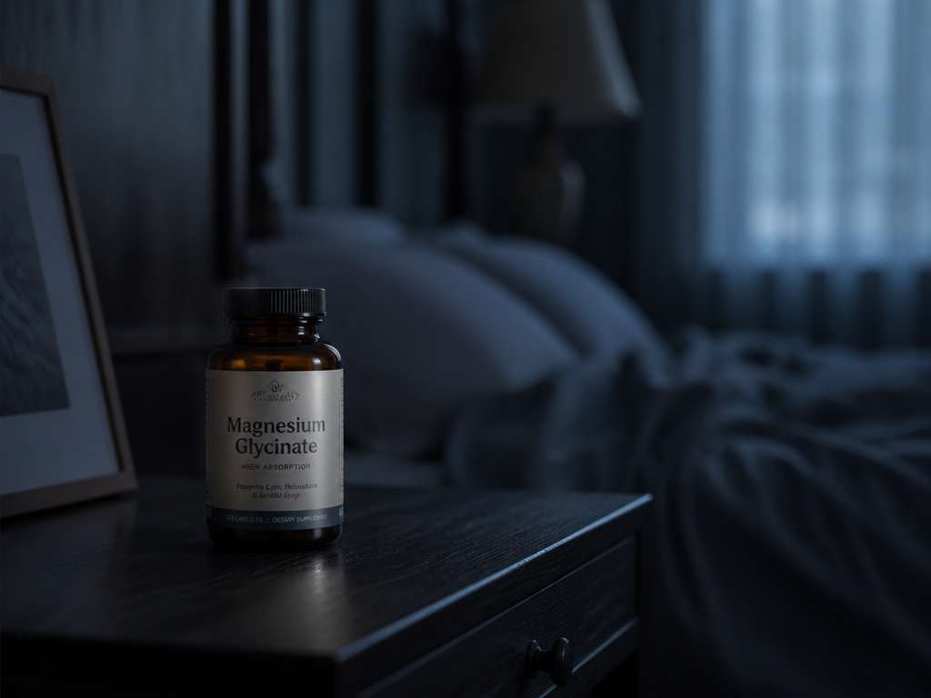 A close-up still life of an amber supplement bottle sitting alone on a dark…