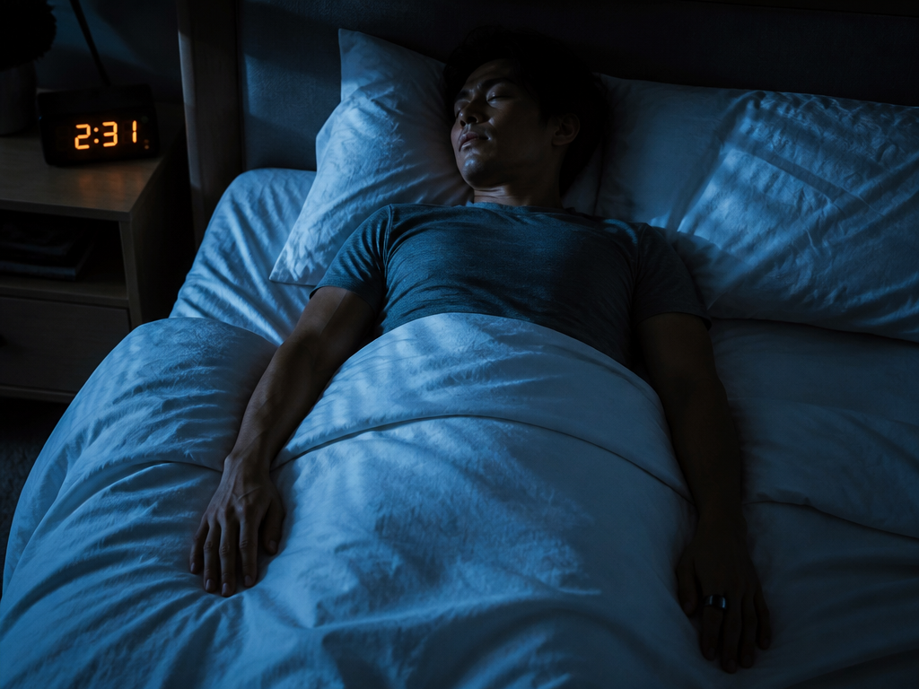 A photorealistic overhead shot of a person sleeping alone in a dim bedroom at…