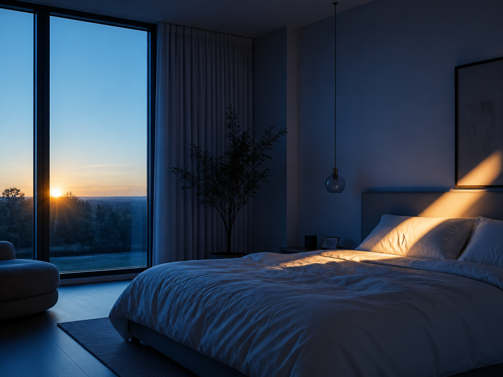A clean modern bedroom at dawn illustrating sleep regularity and the boundary between sleep…