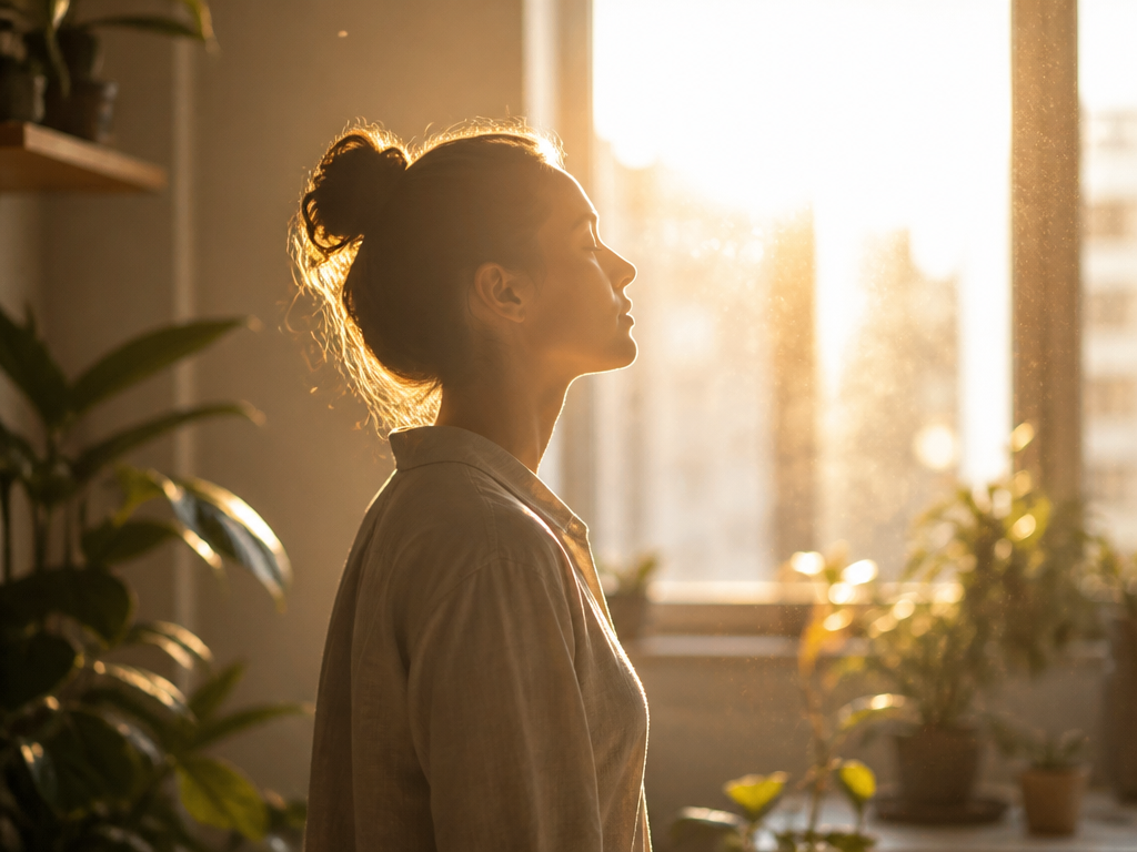 A bright morning scene of a person standing at a sunlit window absorbing daylight…