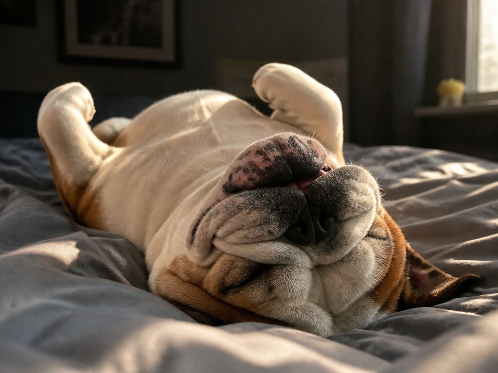 A photorealistic close-up of an English bulldog lying flat on his back on a…