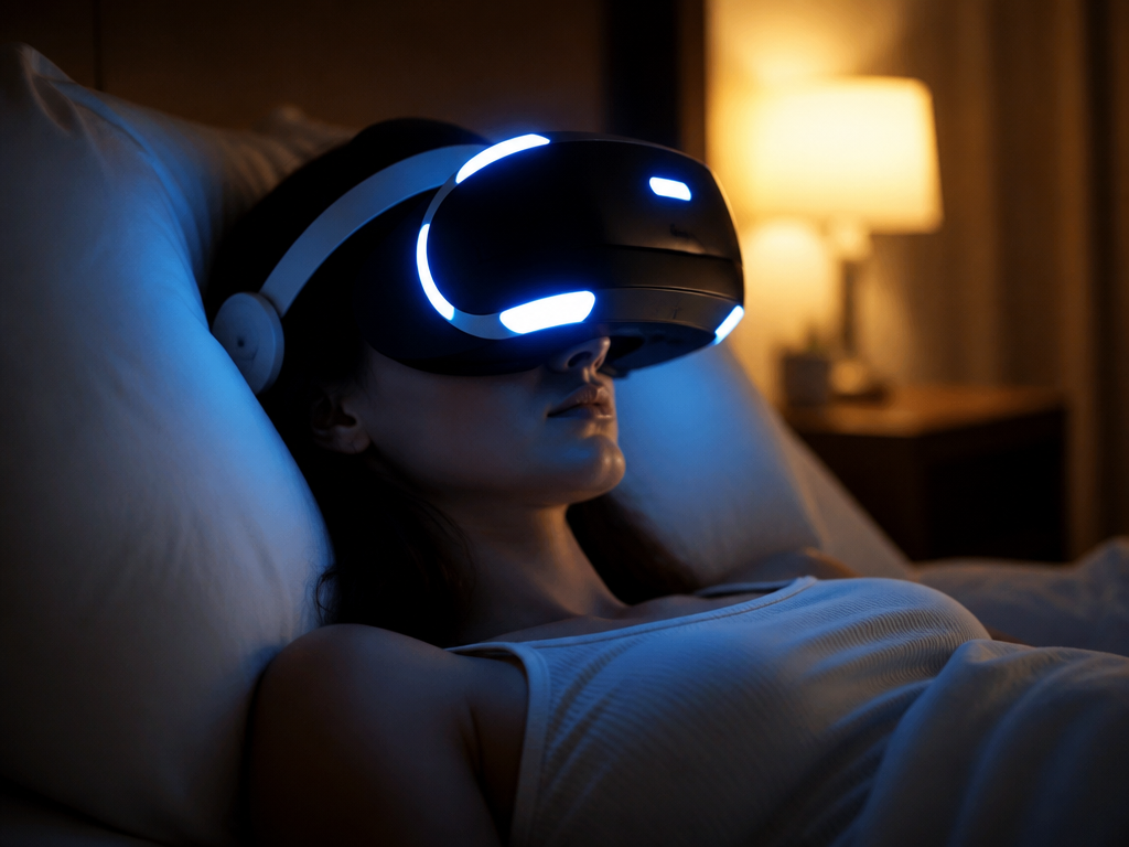 A photorealistic close-up portrait of a person reclining peacefully on a bed in a…