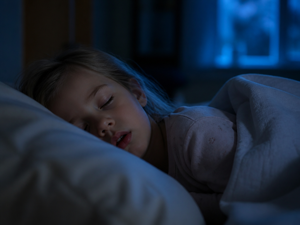 A photorealistic nighttime photograph of a young child, around four years old, sleeping peacefully…