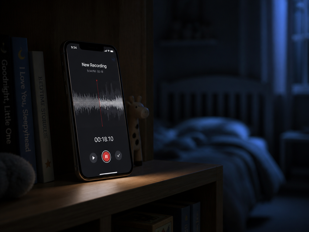 A photorealistic close-up of a smartphone propped upright on a wooden bookshelf in a…