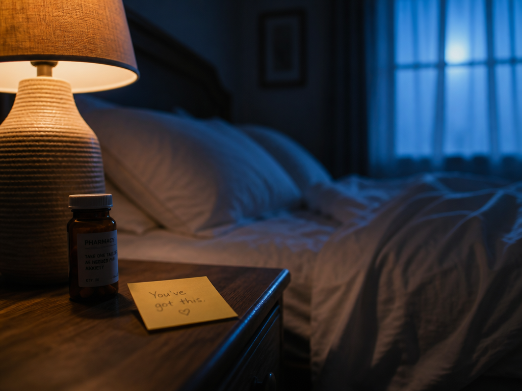 A serene nighttime bedroom scene photographed at the moment of transition into sleep, shot…
