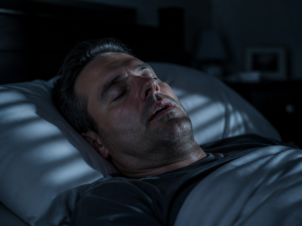 A photorealistic close-up portrait of a middle-aged man asleep on his back in a…