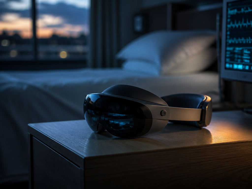A photorealistic medium shot of a sleek mixed-reality headset resting alone on a minimalist…