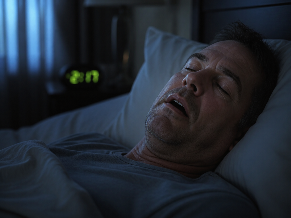 A photorealistic medium shot of a middle-aged man asleep on his back in a…
