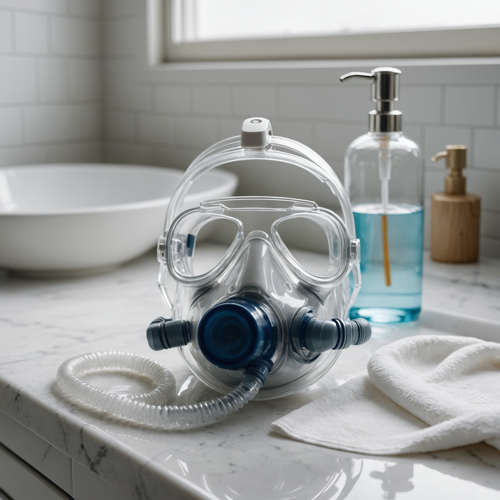 A still life close-up photograph of a disassembled CPAP mask, clear plastic tubing, and…