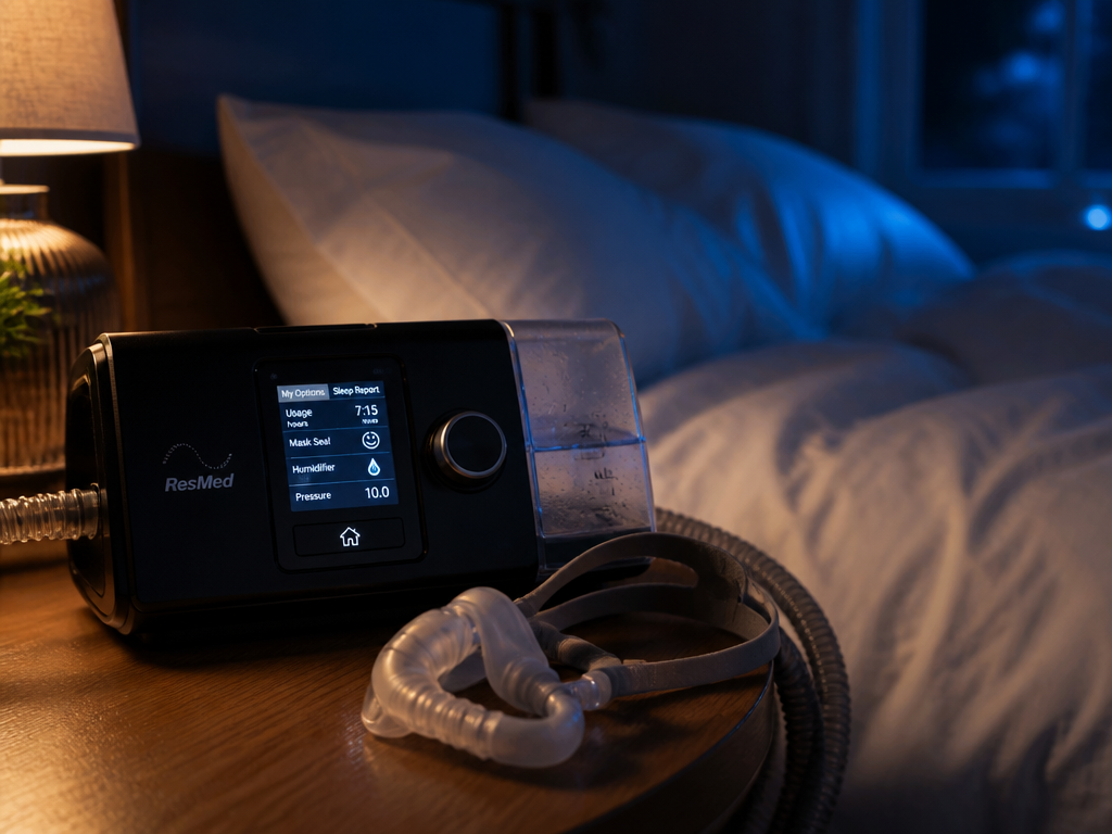 A photorealistic close-up of a ResMed-style CPAP machine resting on a wooden nightstand beside…