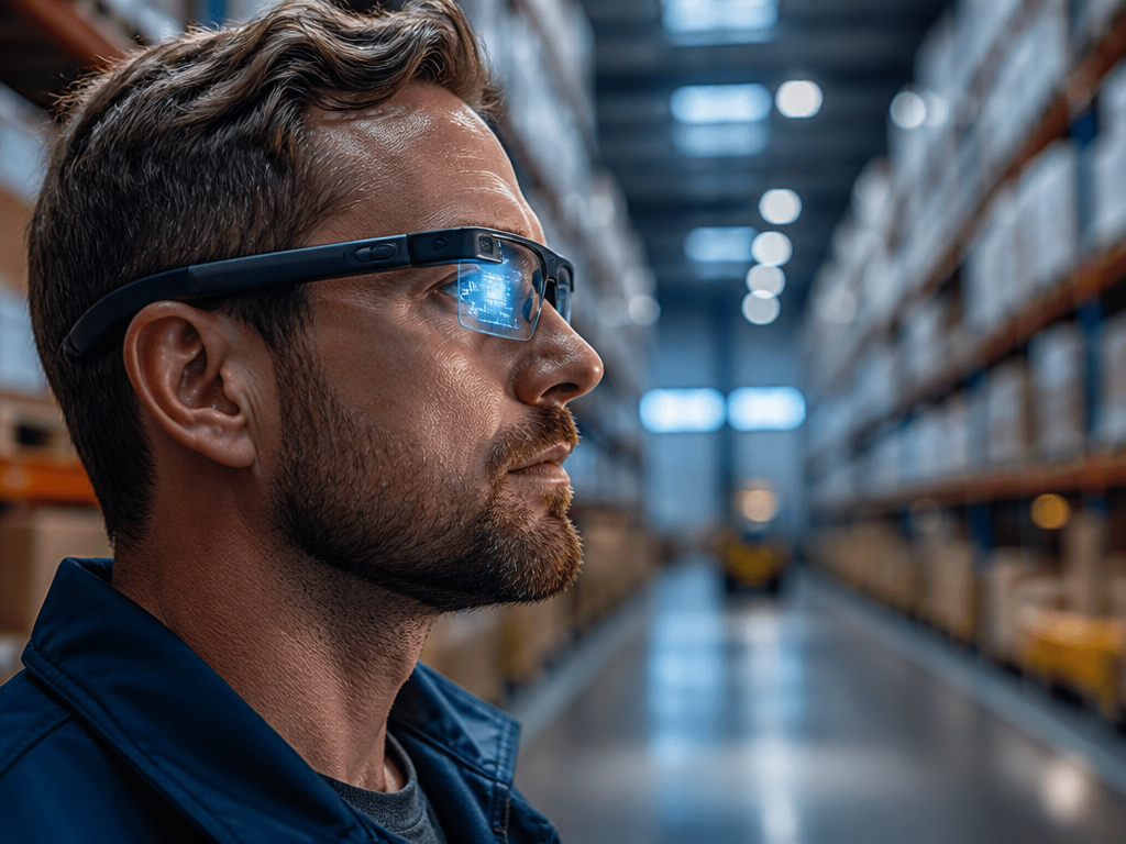 A close-up photorealistic photograph of a warehouse worker wearing lightweight monocular AR smart glasses…