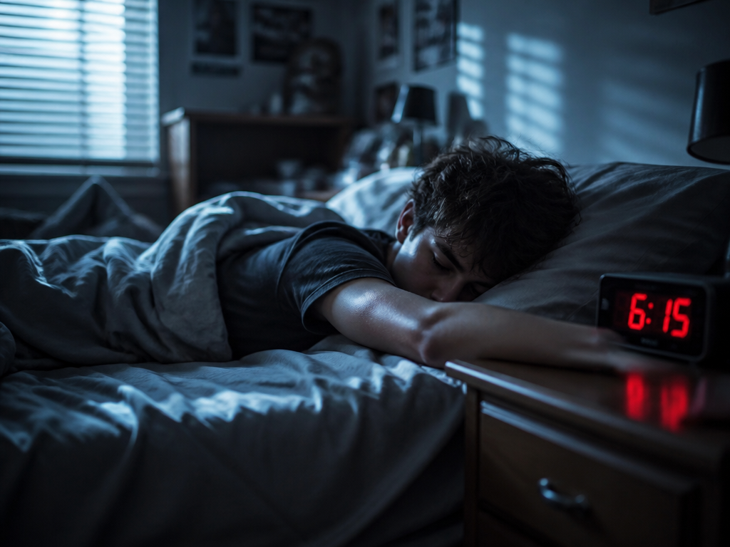 A photorealistic early-morning bedroom scene capturing teenage sleep deprivation, shot on a full-frame DSLR…