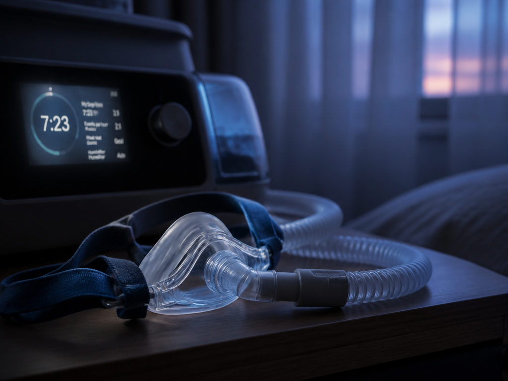 Close-up photorealistic shot of a modern CPAP machine on a nightstand in a dim…